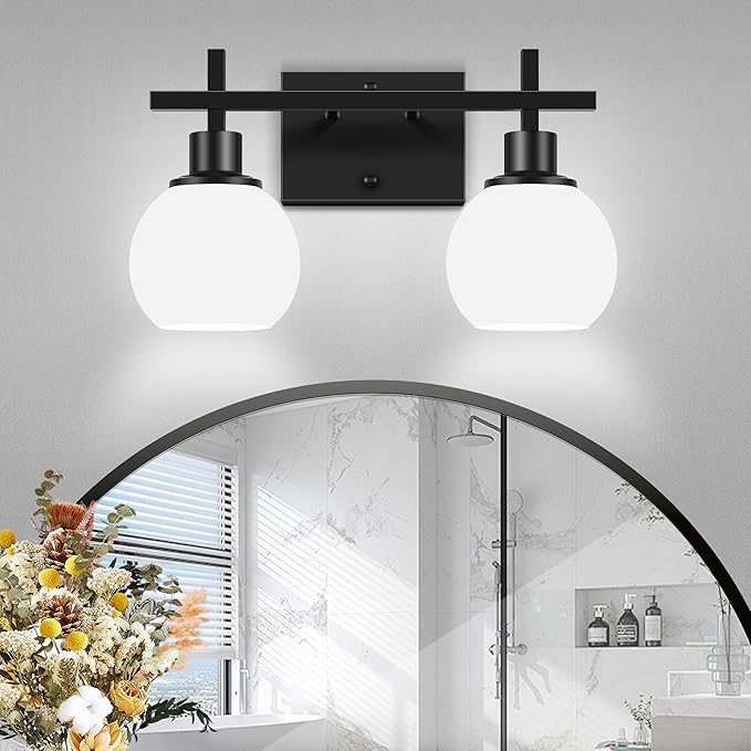 2-Light Black Bathroom Lighting Fixtures Over Mirror,Modern Vanity Lighting Fixtures,Bathroom Wall Mounted Vanity Light with Milky White Glass Lampshade for Living Room，Bedroom，Hallway