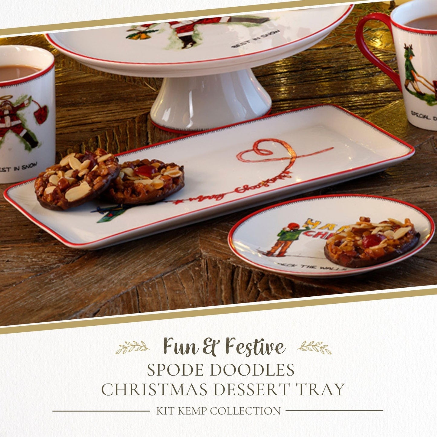 Spode Kit Kemp 12" Doodles Serving Tray - Fine China Dessert Server for Sandwiches, Snacks, Appetizers, Dishwasher Safe Christmas Tableware for Home Entertaining & Holiday Gatherings