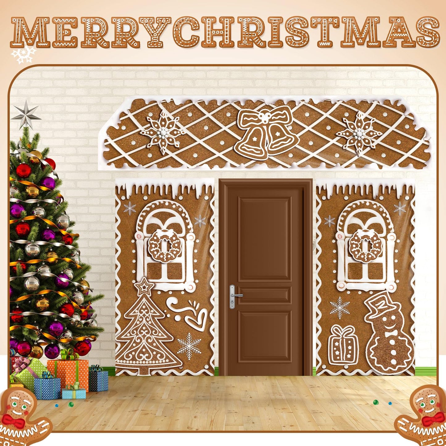 HunnmingRe 3 Pcs Christmas Gingerbread House Decorations Gingerbread Door Covers Backdrop Christmas Door Banners for Xmas Holiday Party Photography Photo Background Decor(Snowflakes Style)
