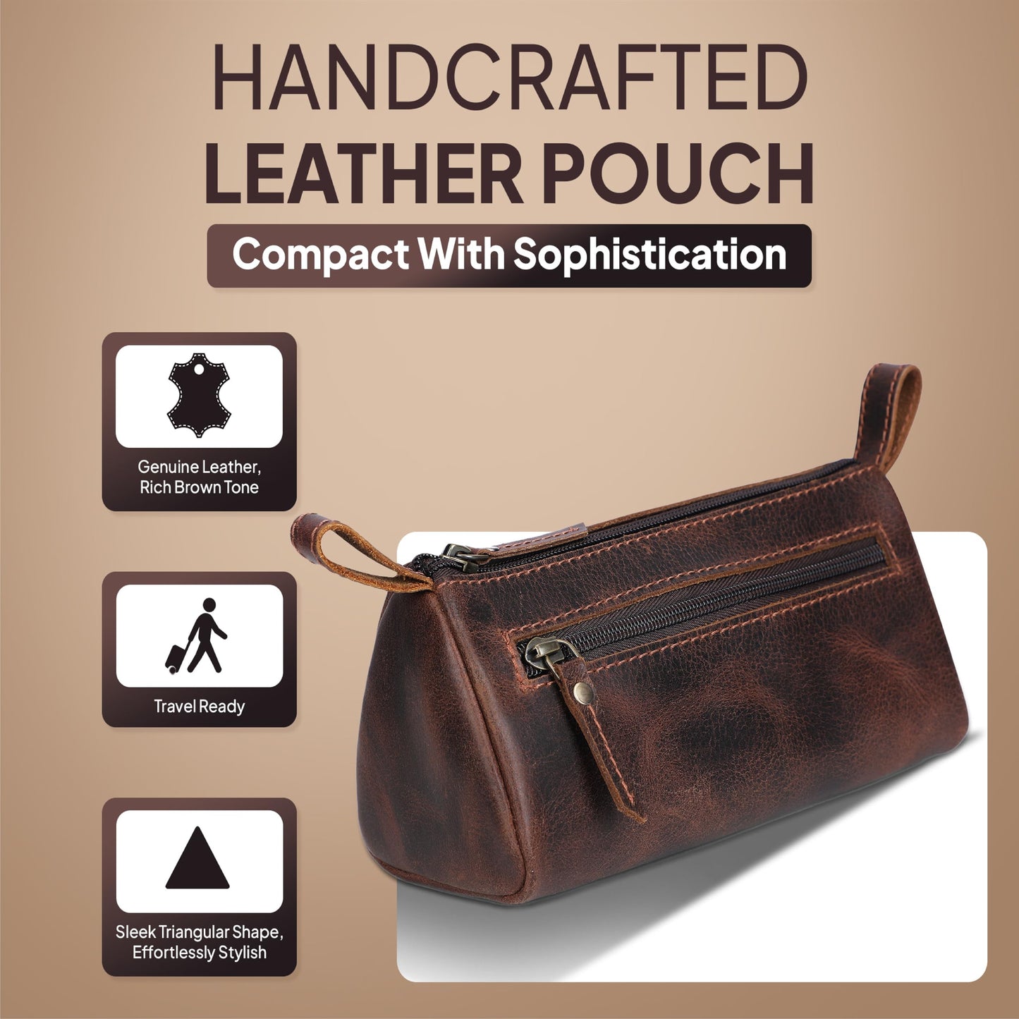 TheAntiq Leather Makeup Bag for Women – Genuine Leather Cosmetic Bag Travel, Handmade Zippered Makeup Pouch, Small Toiletry Bag, Shaving Kit & Stationery Organizer- Brown