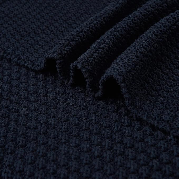 Longhui bedding Dark Navy Blue Knitted Throw Blanket for Couch, Soft, Cozy Machine Washable 100% Cotton Sofa Knit Blankets, Heavy 3.0lb Weight, 51 x 63 Inches, Dark Navy Blue Color.