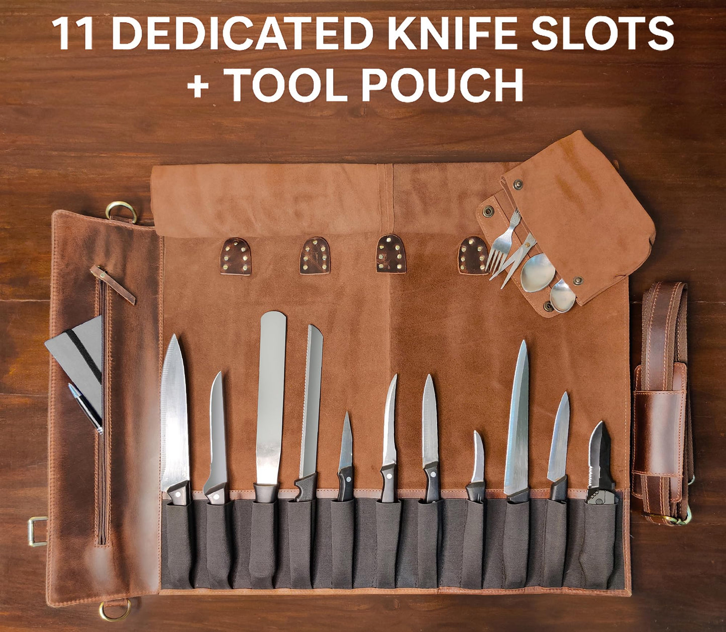 RUSTIC TOWN Leather Knife Roll Storage Bag | Elastic and Expandable 11 Pockets with Tool Pouch | Adjustable/Detachable Shoulder Strap | Travel-Friendly Chef Knife Case Roll (Walnut Brown)
