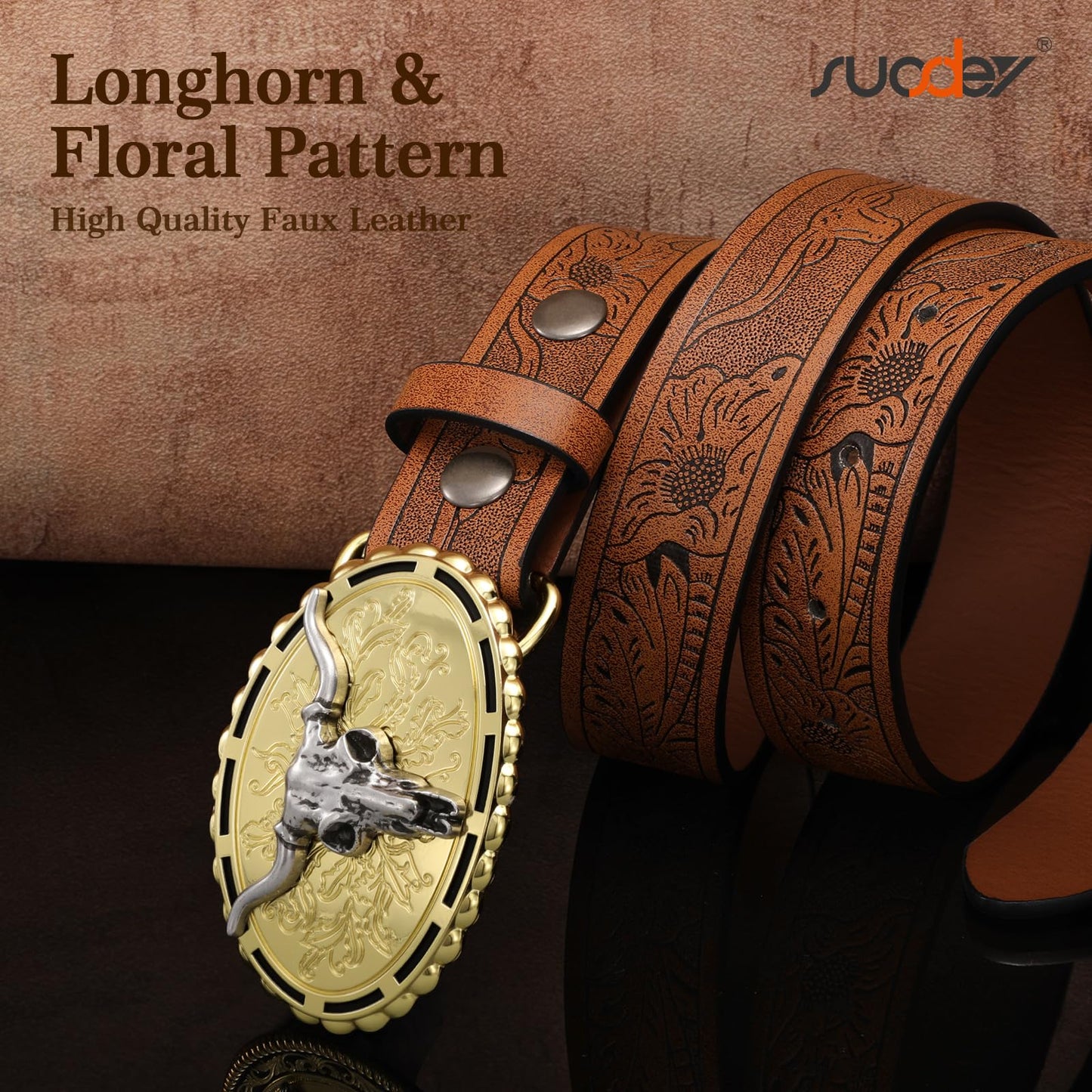 SUOSDEY Kids Western Cowboy Belt for Boys Girls,Toddler Cowgirl Embossed Leather Belt with Longhorn Bull Buckle