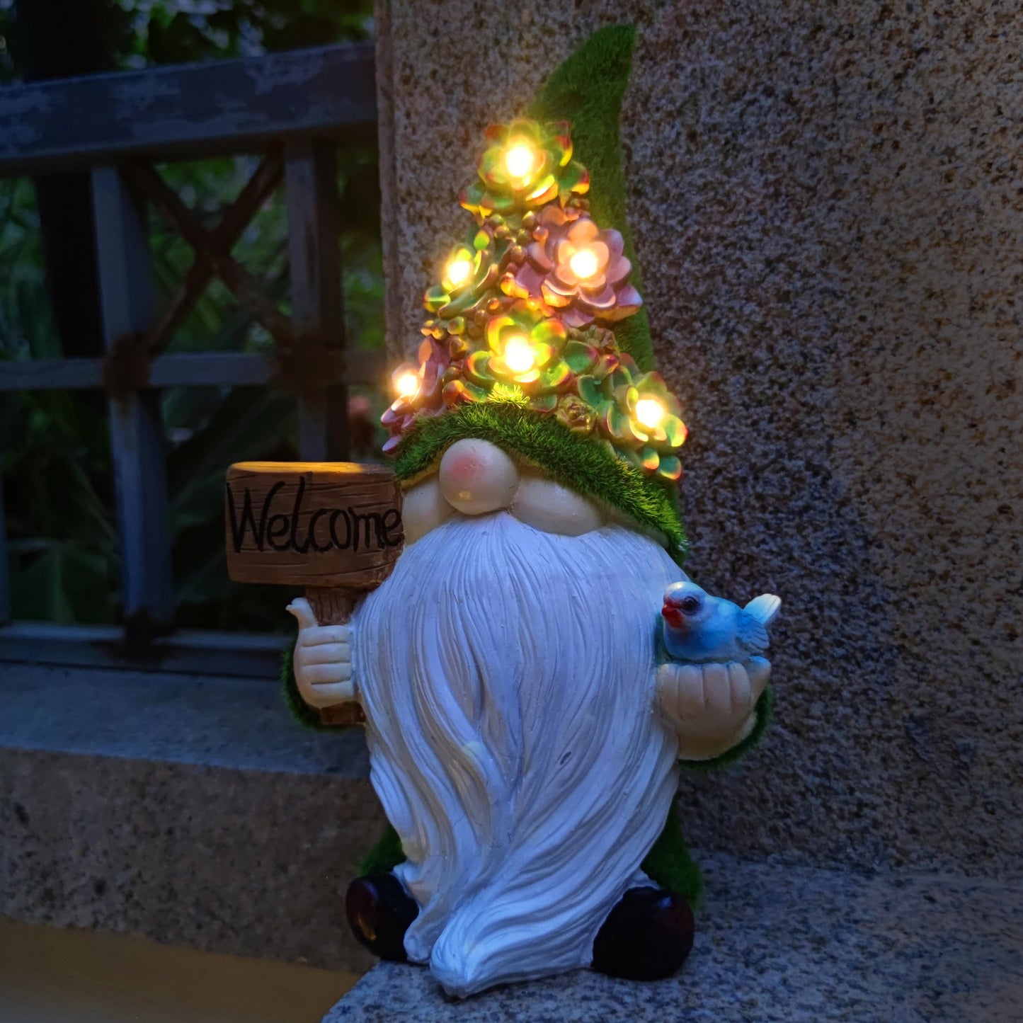 VIOYOUNS Solar Gnomes Garden Statues,Resin Gnome Figurine Holding Welcome Card and Bird with Solar Lights, Outdoor Gnomes Decorations for Yard Patio Lawn Porch, Garden Gifts