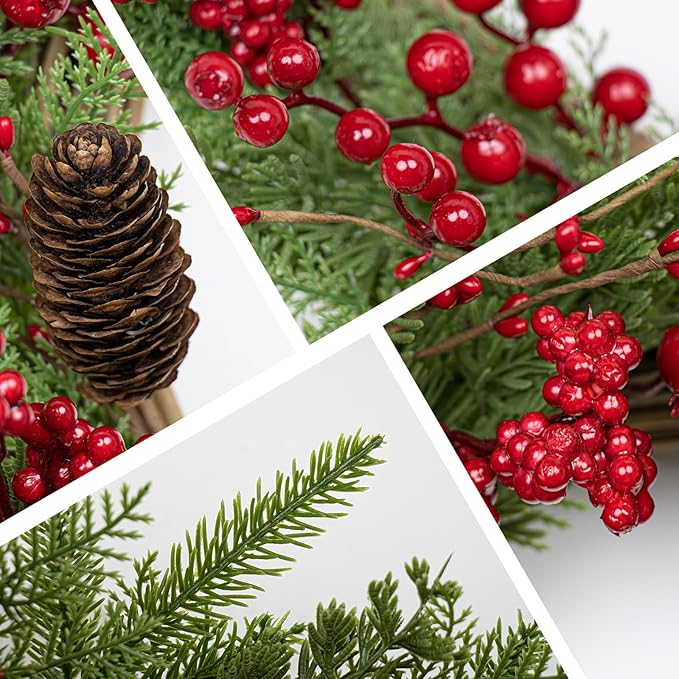 JINGHONG Artificial Christmas Wreath 22 Inch Christmas Wreaths for Front Door Winter Wreath with Red Berries Pine Cones Needles for Indoor Outdoor Xmas Winter Holidays