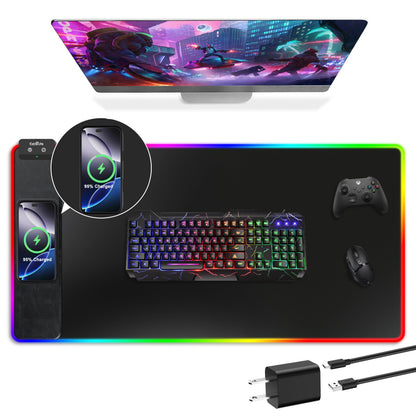 Wireless Charging Mouse Pad, RGB Gaming Mousepad, 31.5"x15.7" Extra Large Desk Pad, 13 Light Modes, Ultra-Smooth Surface, Non-Slip Base, Waterproof Computer Keyboard Mat for MacBook, PC, Laptop, Black