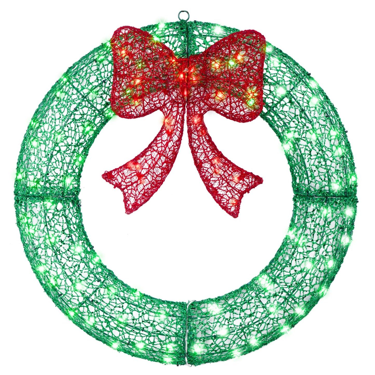 24" Pre-Lit Outdoor Christmas Wreath with 140 LED Lights and Bow, Lighted Metal Christmas Wreath Decoration with Timer Function for Xmas Home Wall Front Door Window Garage (Green/Red, 24in)