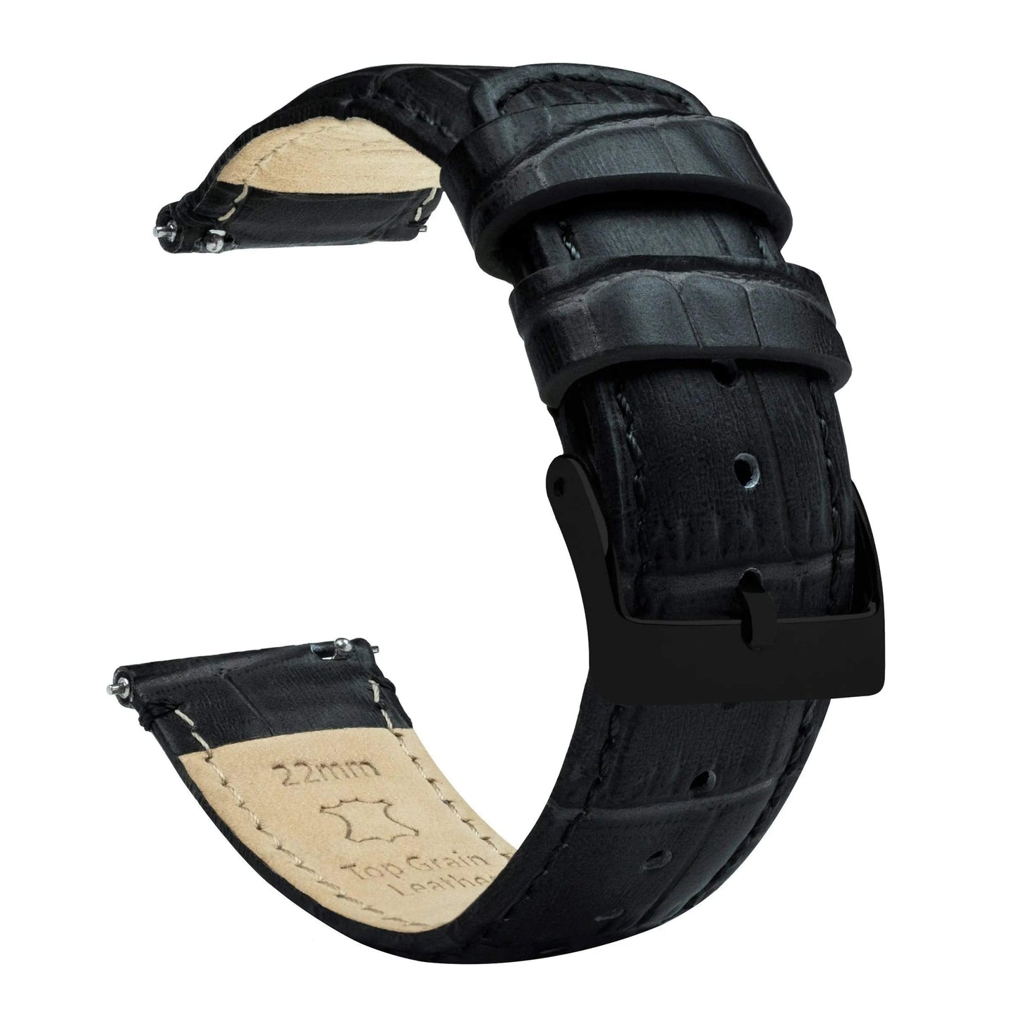 BARTON WATCH BANDS 16mm Black - Alligator Grain - Black Buckle Quick Release Leather Watch Bands