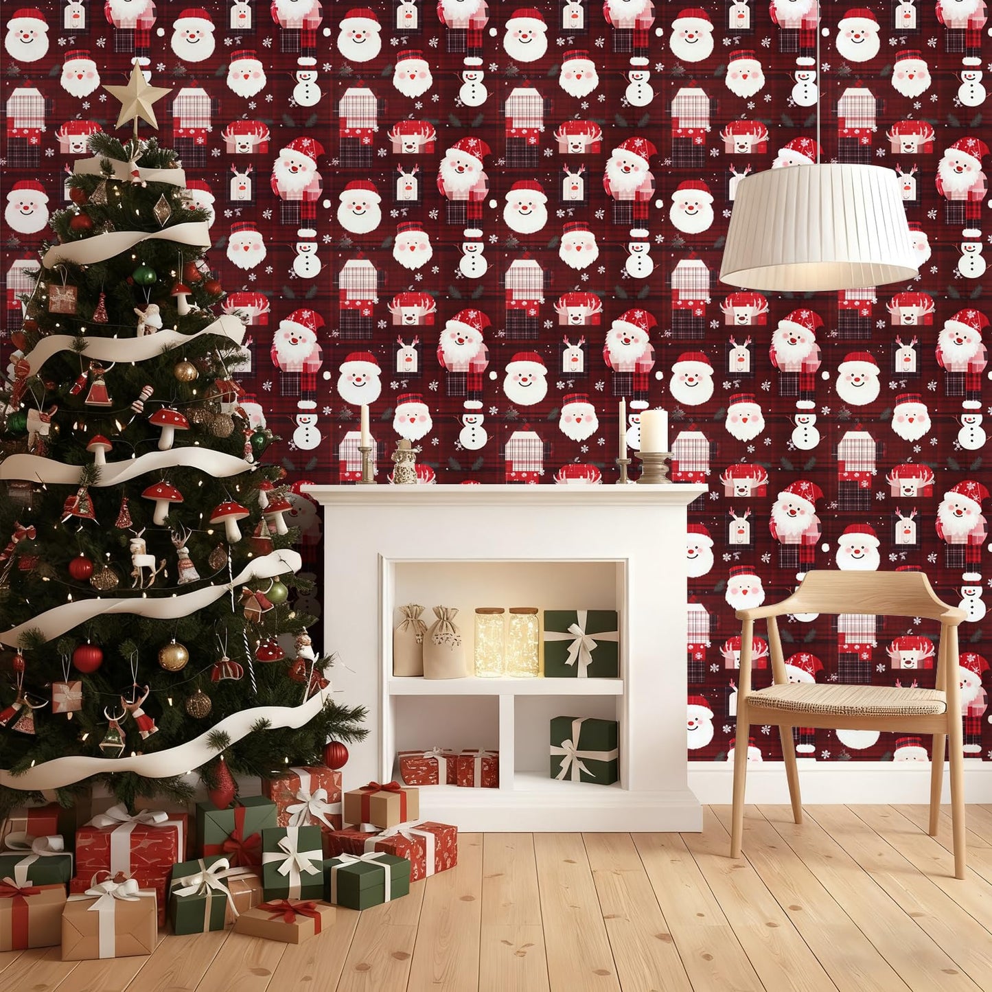 Timeet Christmas Peel and Stick Wallpaper Santa Claus & Snowman Contact Paper Red Plaid Holiday Wall Paper Decor Removable Self-Adhesive Wallpaper Vinyl Christmas Decoration 17" x 196.8"