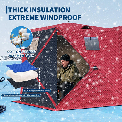 Garvee Pop Up Ice Fishing Shelter and Insulated Ice Fishing Tent with 49ft LED Light Strip, Windproof Portable Hub Design, Fits 3-4 People, 35 sq ft Fishable Area, Red+Black