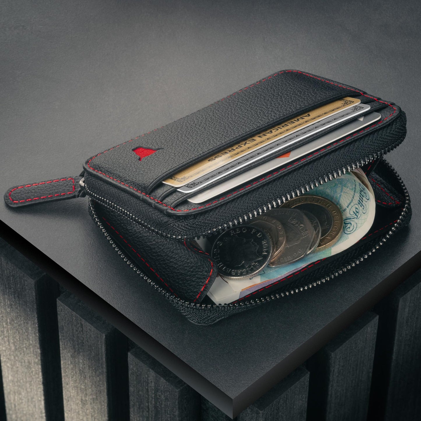 TORRO Leather Card Holder with Coin Case – RFID Blocking Premium Leather Credit Cardholder with Zipped Coin Pouch (Black with Red Detail)