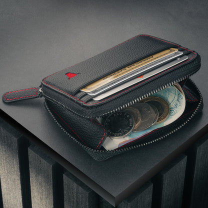 TORRO Leather Card Holder with Coin Case – RFID Blocking Premium Leather Credit Cardholder with Zipped Coin Pouch (Black with Red Detail)