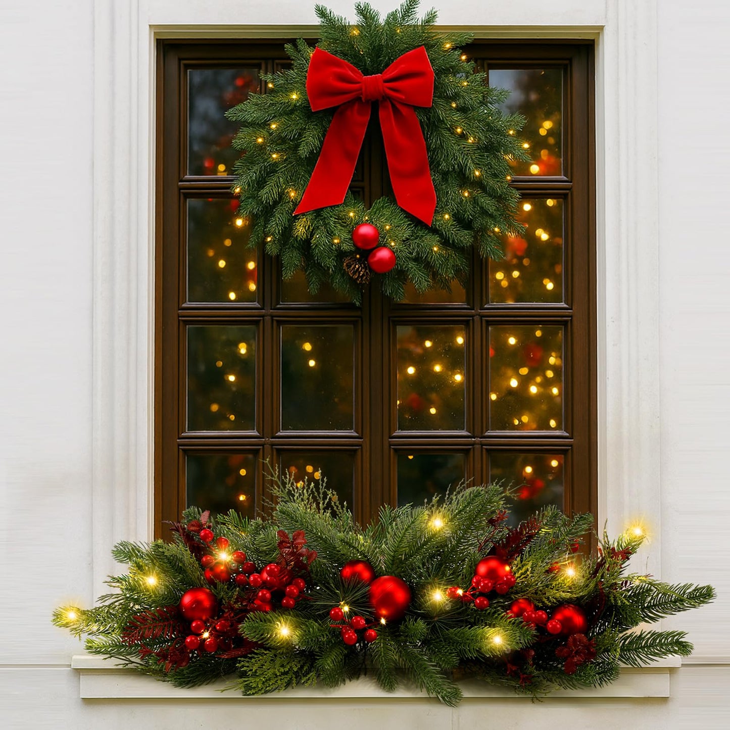 Yalikop 24.5 inch Christmas Swags with Light Artificial Pine Needles Swag Decoration Greenery Christmas Swag for Front Door Window Stair Fireplace Mantle Holiday Xmas Decor(Ball and Berry)