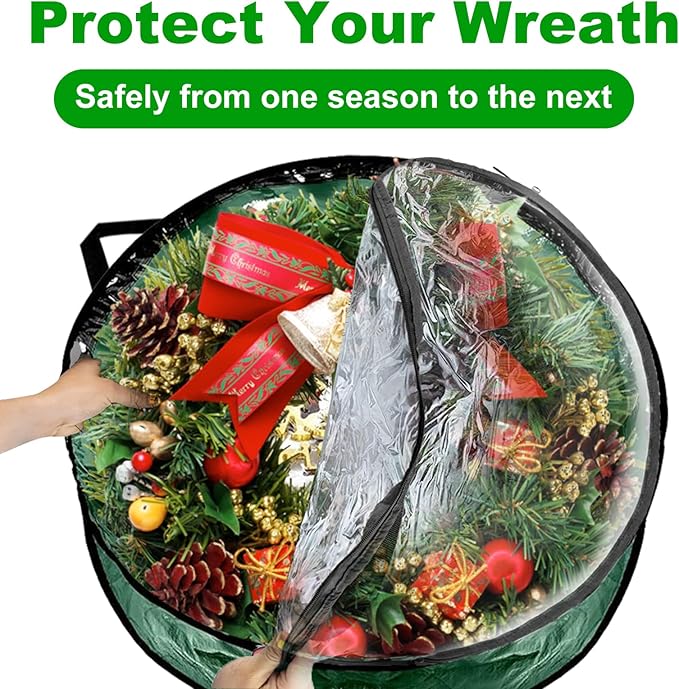 6 PCS Clear Wreath Storage Bag, 24x8 Inch Christmas Wreath Storage Container, PVC+PE Wreath Protector with Handle for Xmas Holiday Seasonal Wreath Garland (Green)
