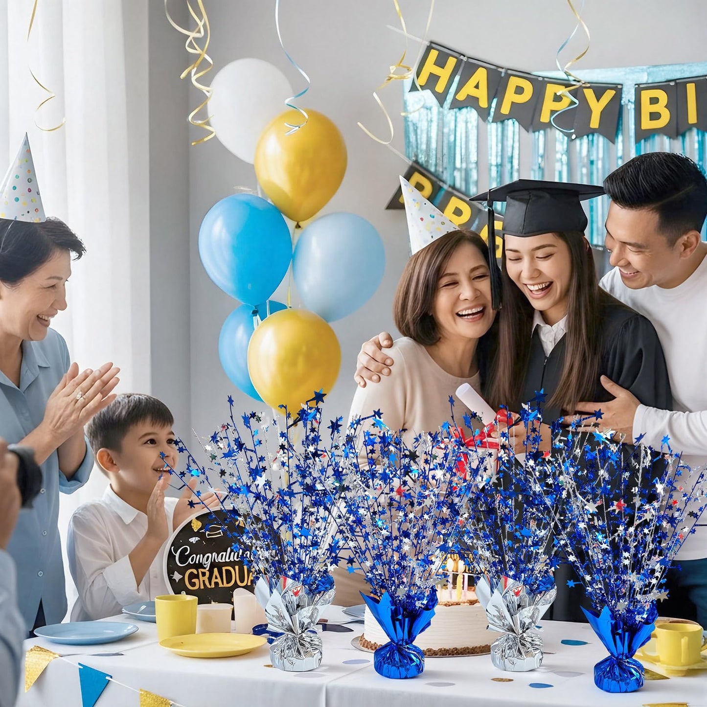 CraftyDream 6 Pcs Star Table Centerpieces Silver Blue Birthday Party Decorations Metallic Foil Spray Centerpieces Glitter Spray Table Decor for Birthday Anniversary Graduation Wedding Supplies