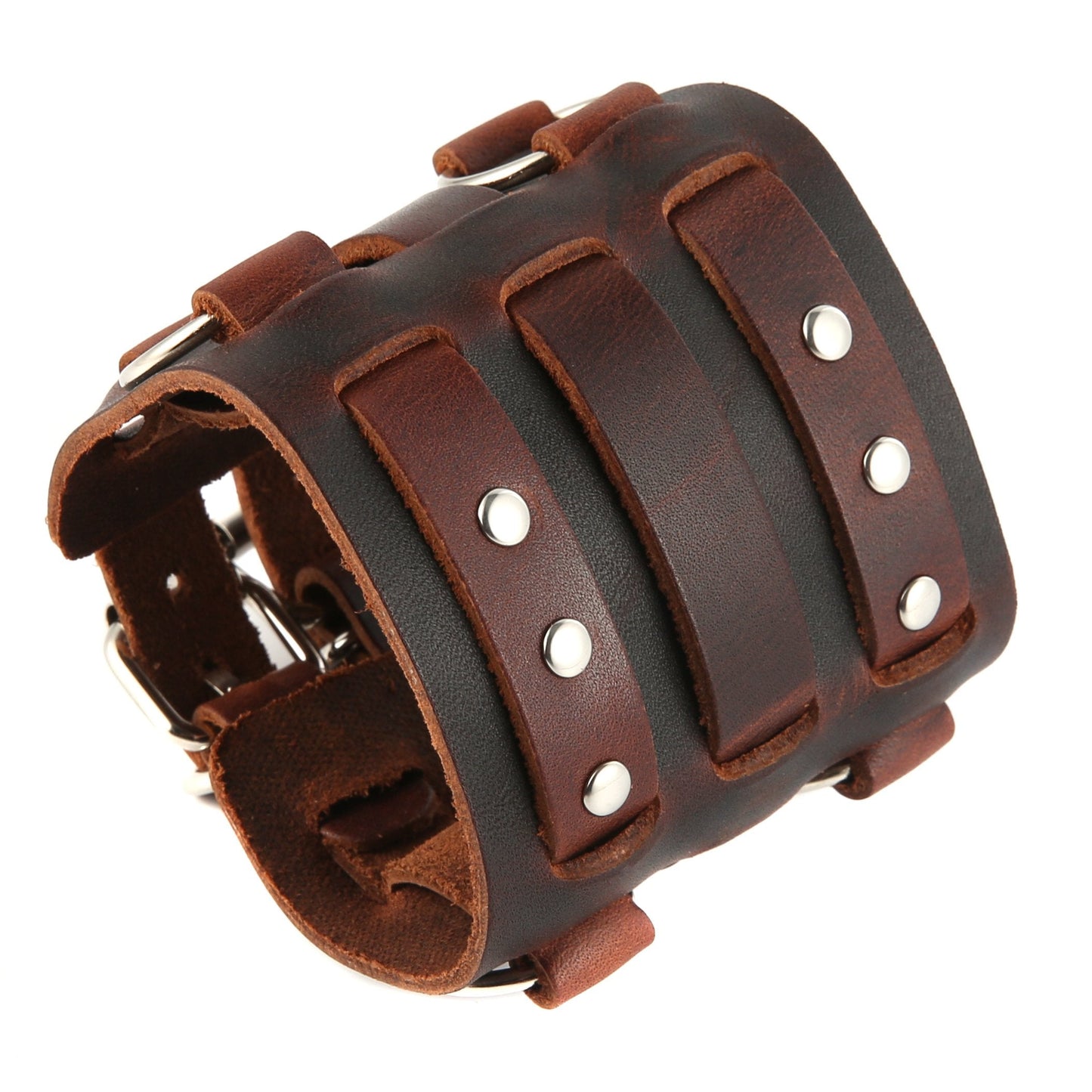 HZMAN Men's Alloy Ring Genuine Leather Bracelet Bangle Cuff Silver Tone Adjustable (Brown)