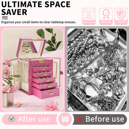 AKOZLIN 6-Tier Jewelry Box Lockable Leather Jewelry Storage Case with 5 Drawers for Women Girls Ring Necklace Earring Bracelet Holder Organizer with Mirror Rose