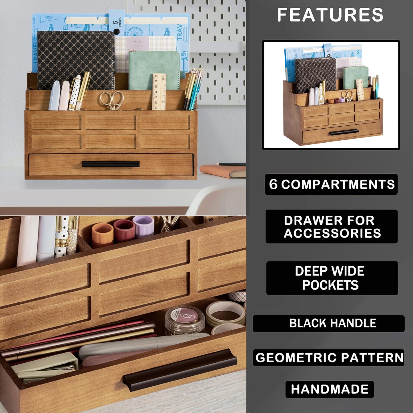 dreampossible Brown Wood Desk Organizer and Accessories with Drawer, Bill Mail Organizer and File Mail Holder for Office Supplies, Rustic Desk Accessories & Workspace Organizers