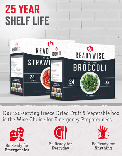 ReadyWise Emergency Food Supply - 120 Servings Fruits and Vegetables Survival Kit Boxes, Dehydrated Meals & Freeze Dried Prepper Food for Backpacking & Camping Essentials, up to 25 Year Shelf Life