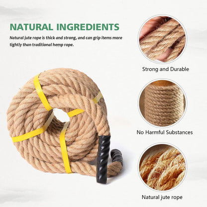 Jute Rope 3/4 in × 100 ft Natural Material Heavy Duty Twisted for Indoor Outdoor Crafts, Nautical, Tug of War Rope, Railing, Hammock, Swing,Gardening, Climbing