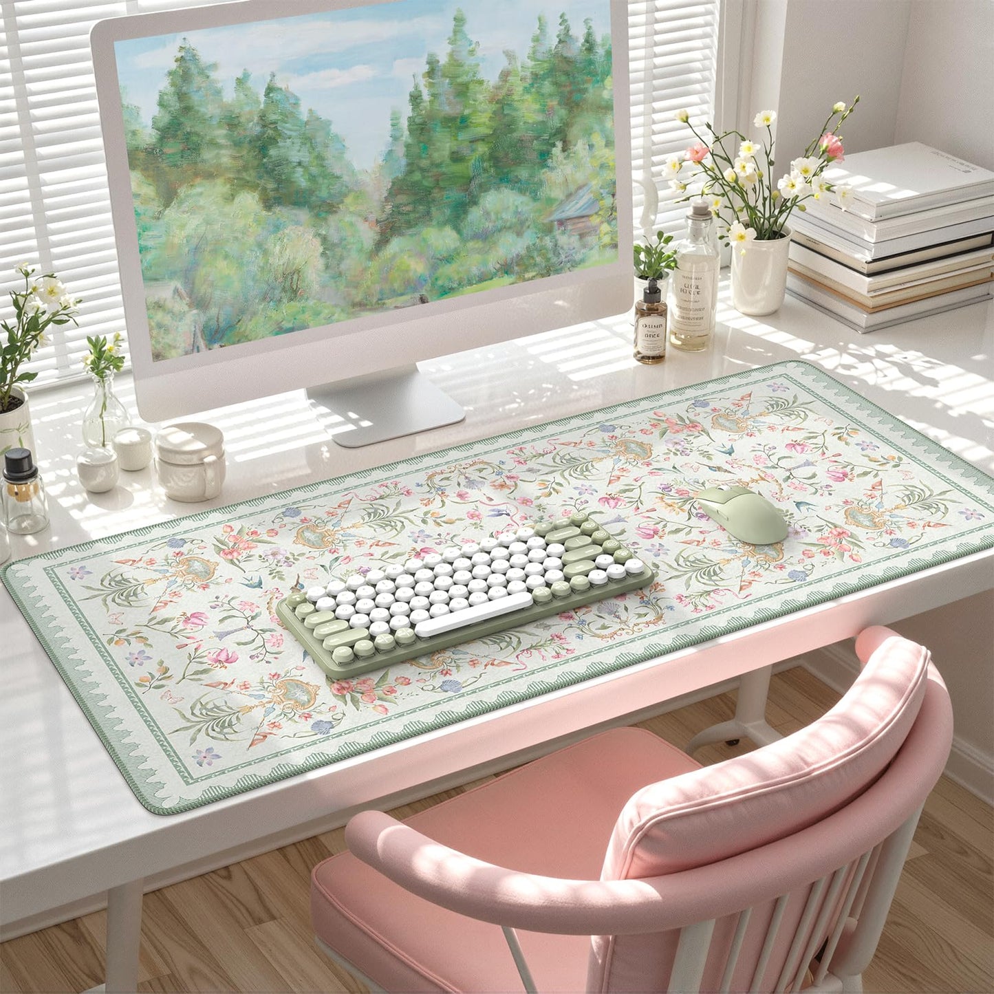 HAOCOO Floral Mouse Pad, 35.4" x 15.7" Waterproof Makeup Mat, Cute Aesthetic Desk Decor Pad, Women Office Keyboard Matt with Stitched Edges, Green Desk Accessories Work for Home
