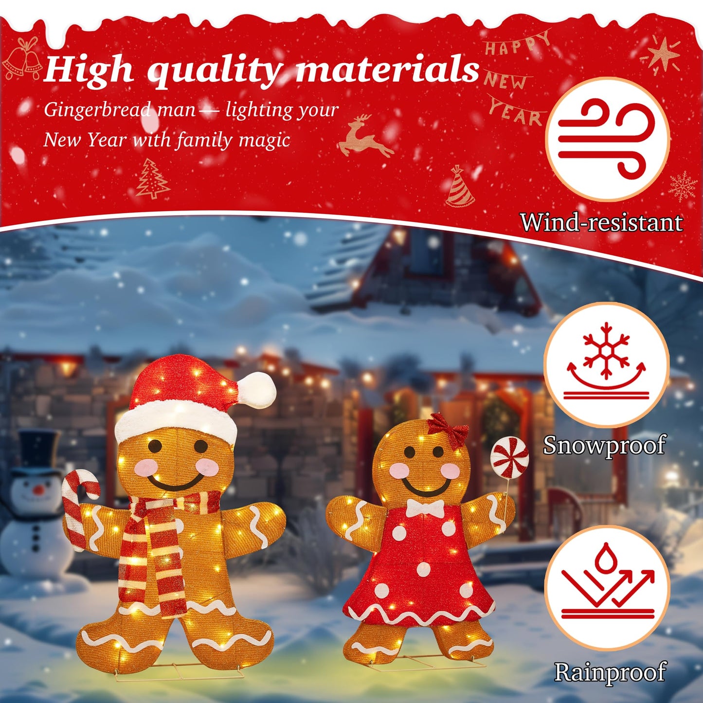 32 Inch 3D Lighted Gingerbread Man Decorations - 2-Piece Outdoor Christmas Decorations with 80 Warm White LEDs, Christmas Yard Decorations Display for Garden, Storefront, Patio