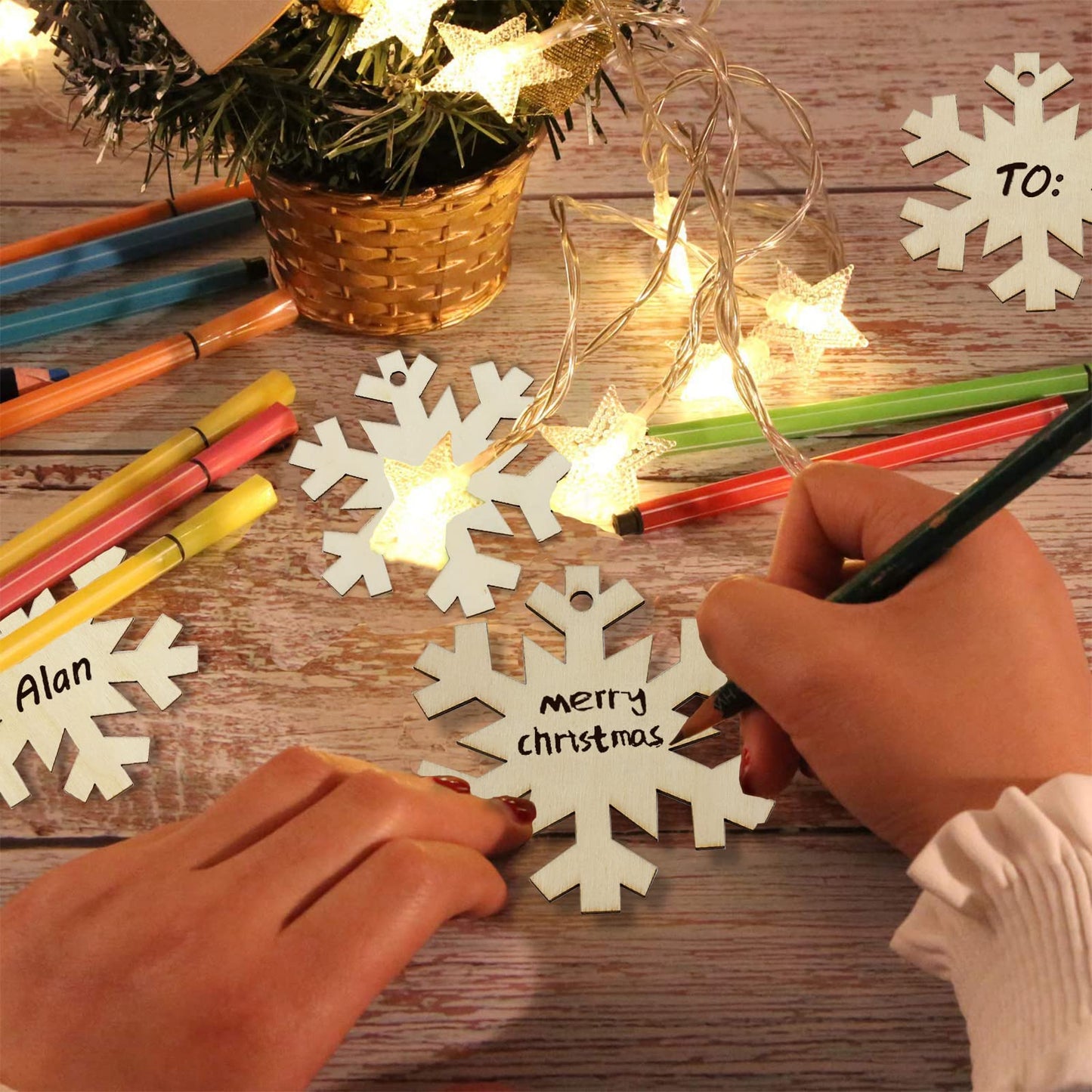 50Pcs DIY Wooden Christmas Ornaments Wooden Snowflakes for Crafts Unfinished Snowflakes Wood Ornaments with Hole, Predrilled Wood Snowflake Cutouts for Crafts Paints Christmas Tree Hanging Decor