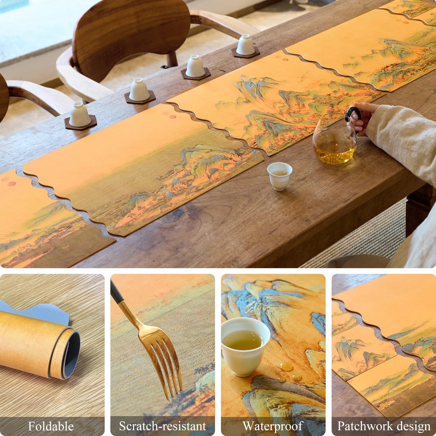 HONGSAM Iqipa Decorative Faux Leather Table Runner for Dining Table Coffee Table Decor Runner Waterproof Leather Faux Leather Easy Clean Placemats Set of 4 and Coasters of 6 Table Decor Protector