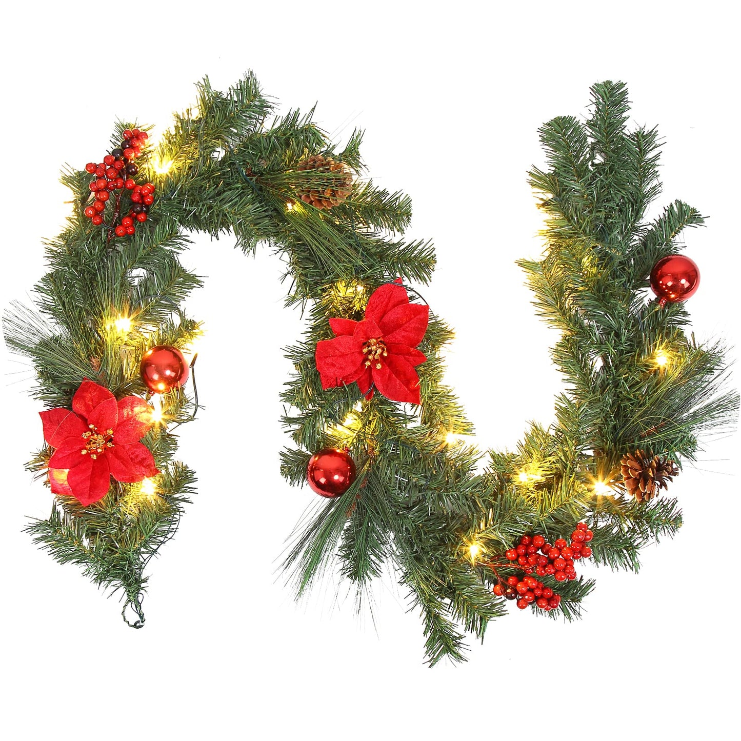 Adeeing Prelit Christmas Garland with 20 LED Lights - Red Poinsettia Flowers, Berries and Pine Cones - 6FT Lighted Garland for Mantle & Outdoor Decoration