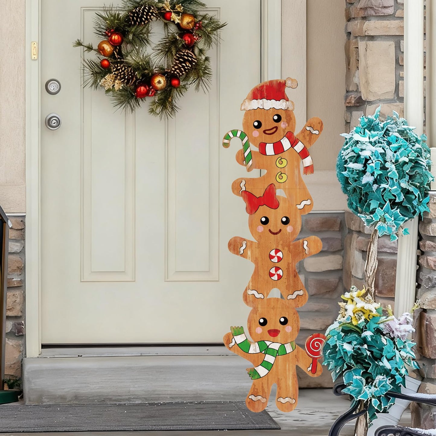 Whaline 41.7in Christmas Gingerbread Man Wooden Porch Sign Hanging Welcome Sign Farmhouse Front Door Hanger for Xmas Home Party Wall Decoration
