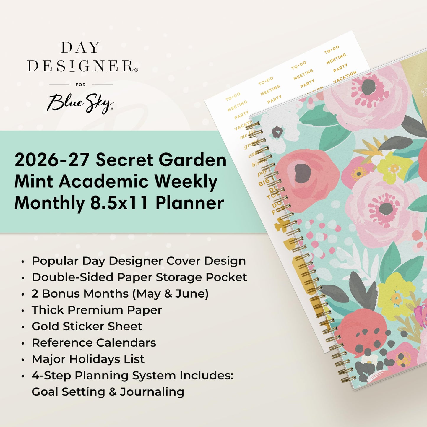 Blue Sky Day Designer 2026-2027 Weekly and Monthly Academic Year Planner Calendar, July 2026 - June 2027, 8.5" x 11", Flexible Cover, Laminated Tabs, Storage Pocket, Includes Stickers, Secret Garden Mint