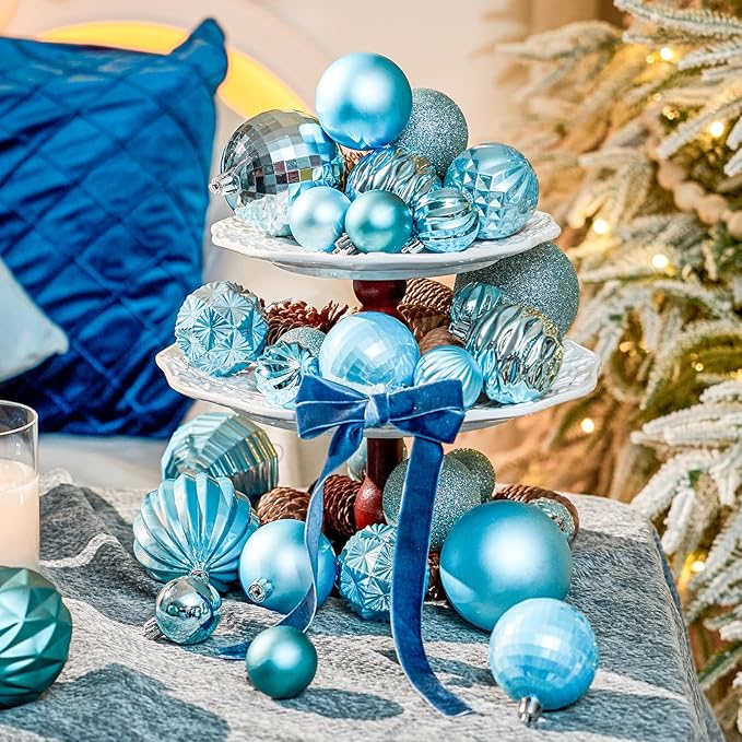 JORNOY Christmas Tree Ornaments Set, 47 Pack Assorted Shatterproof Hanging Balls Decorations, Plastic Bulbs Bulk with Lanyard for Home Holiday Party Decor, 3-Sizes (Sky Blue)