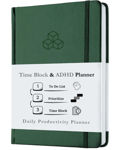 Time Blocking and ADHD Planner by Refine Days. 180 Undated Pages, To Do List, Hourly Schedule, Daily and Monthly Agenda. Time Management & Productivity Notebook. A5 (Green)
