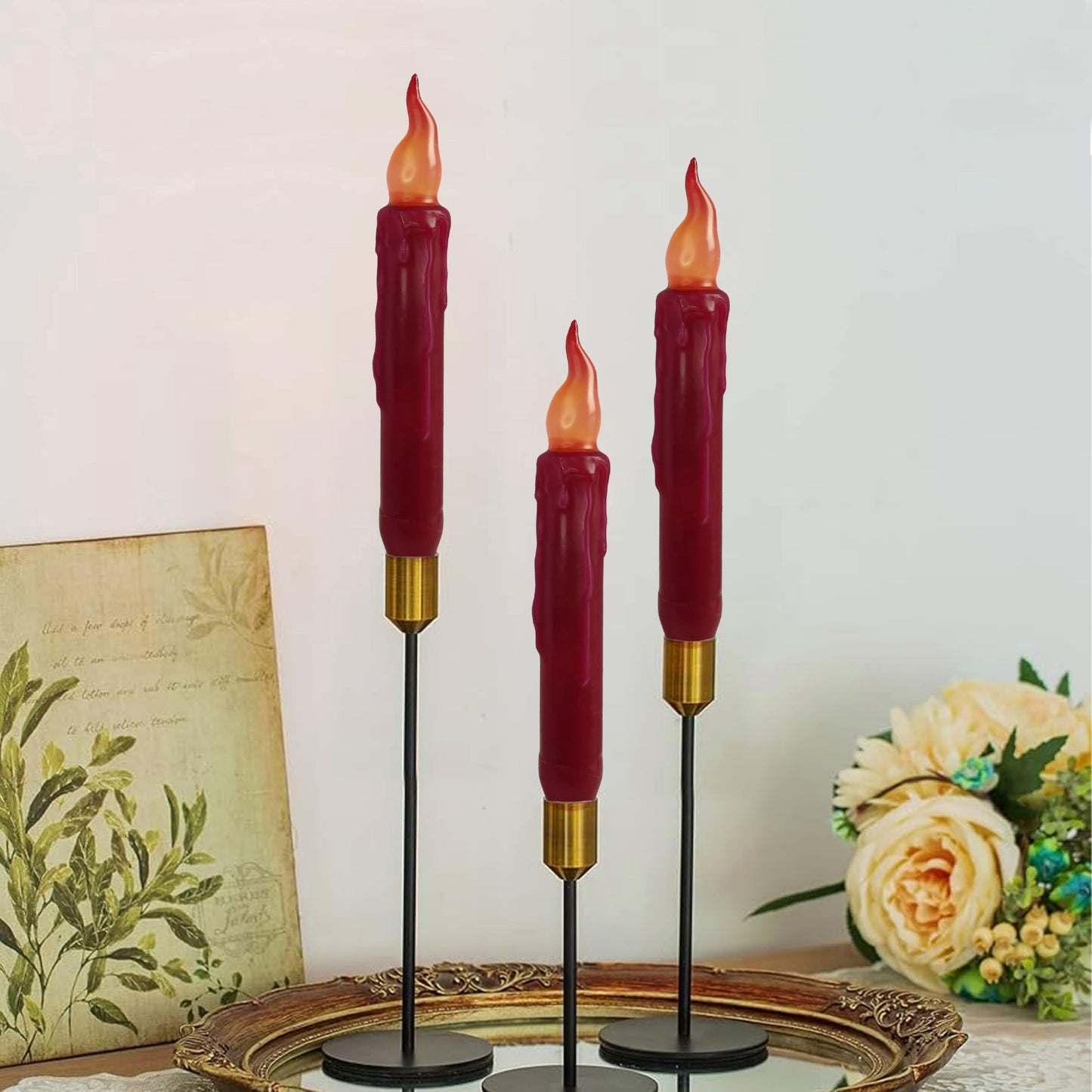 Burgundy Flameless Short Taper Candles, Real Wax Hand Dipped Dark Red LED Battery Operated with Remote, Flickering Flame Lights for Festival Home Décor, 6.7 Inch Primitive Flameless Candles, 4PCS