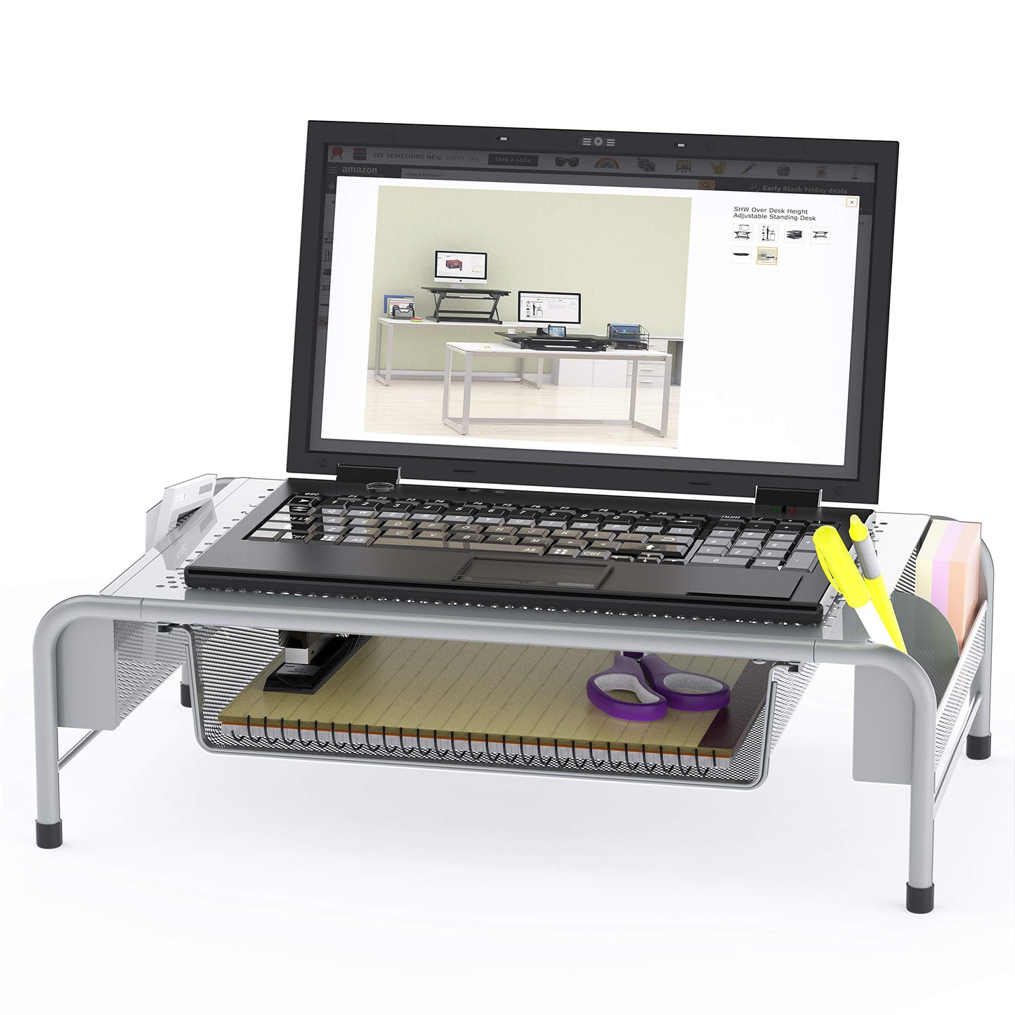 Simple Houseware Metal Desk Monitor Stand Riser with Organizer Drawer, Silver