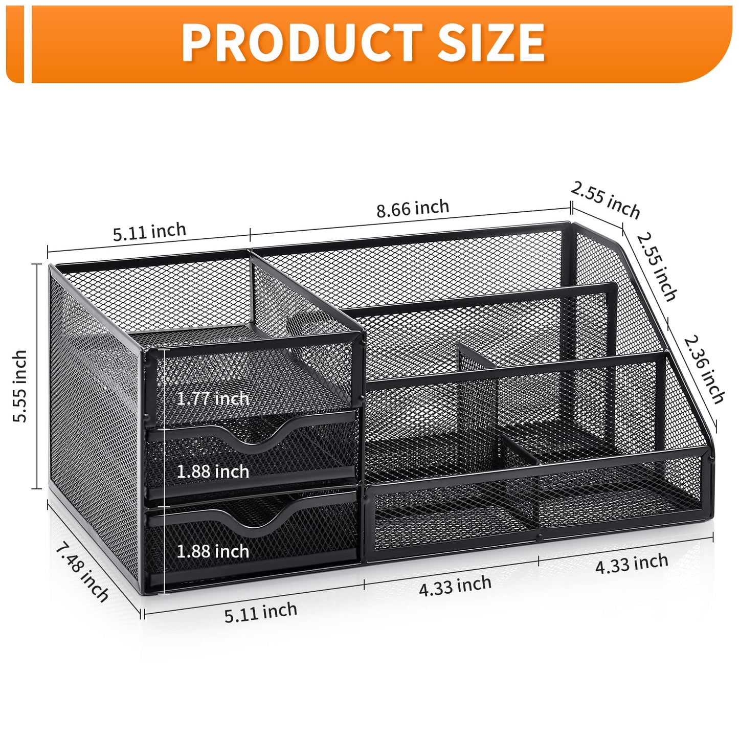 Lavatino Larger Mesh Desk Organizer with Drawers, Multifunctional Desk Organizers and Accessories with 6 compartments + 2 Drawer, Office Desktop Organization for supplies (Black)