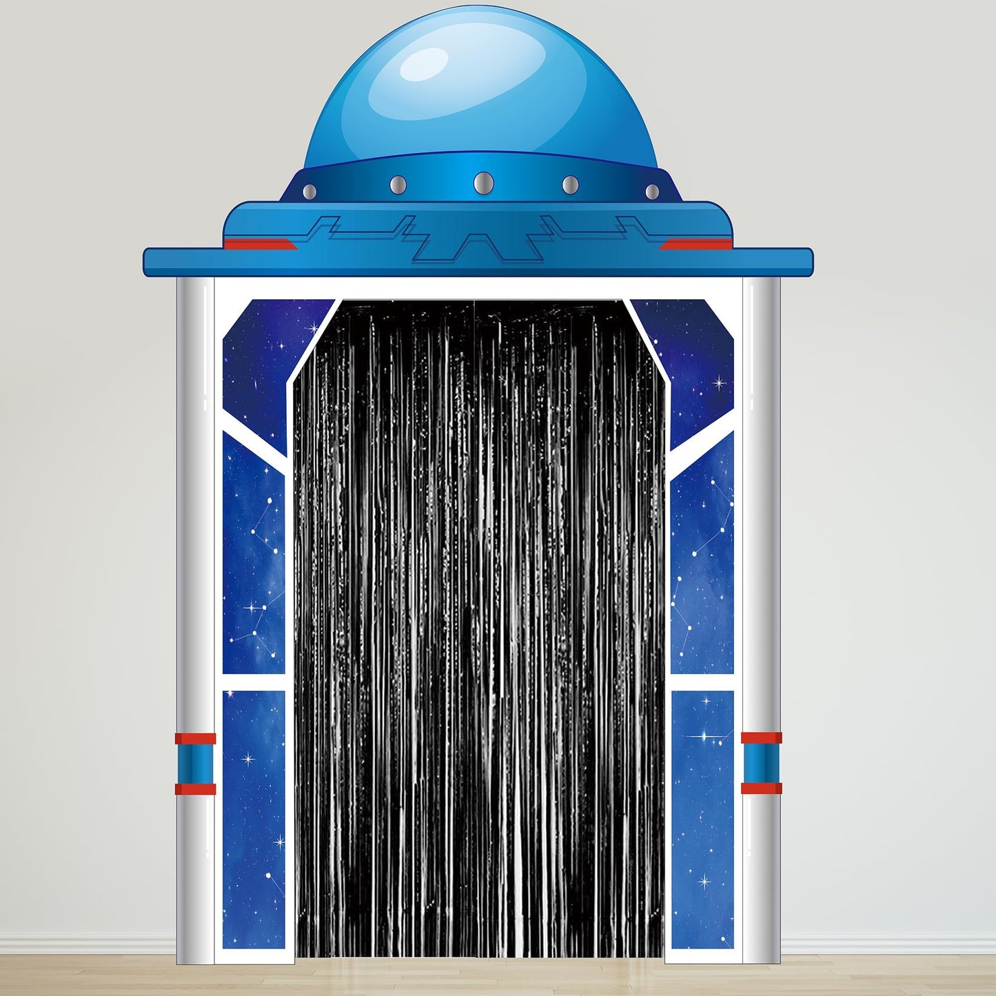 Space Ship Party Porch Banner Outer Space Theme Birthday Door Hanging Backdrop with Foil Fringe Curtains Astronaut Planet Photo Props Rocket Star Background Door Entryway Decor for Classroom Bedroom