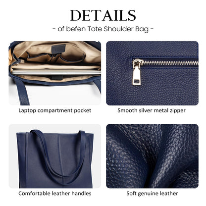 befen Soft Real Leather Tote Bag for Women, Ladies Leather Shoulder Bags Purse Satchel Handbag with Top Handles for Work Navy Blue
