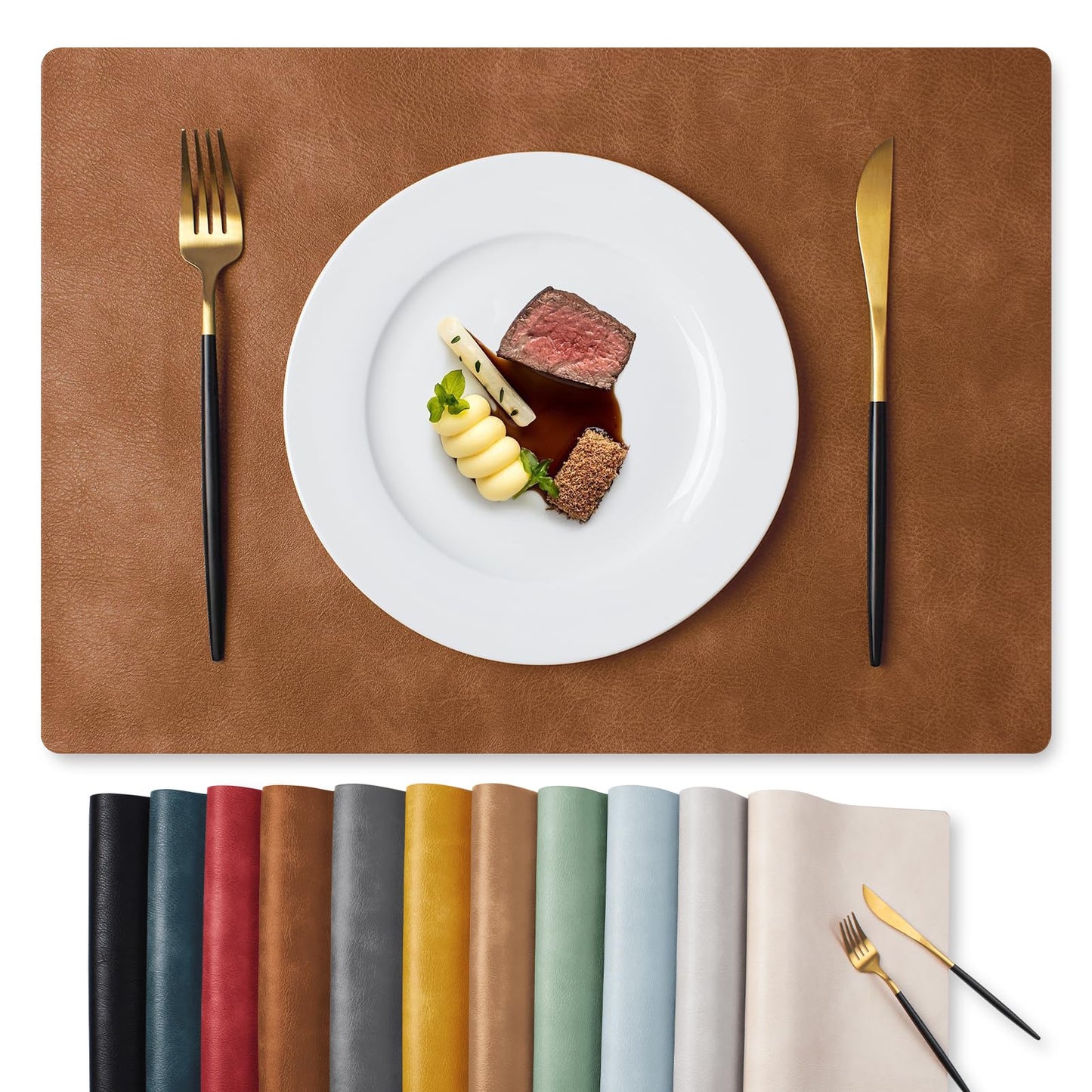 MOSAYT Vinyl Placemats Set of 6-12 X 17 Inch - Faux Leather 100% Waterproof Oil-Proof Wipeable PU Place Mats, Heat Resistant Reversible Table Mats for Kitchen, Dining, Outdoor, Reddish Brown