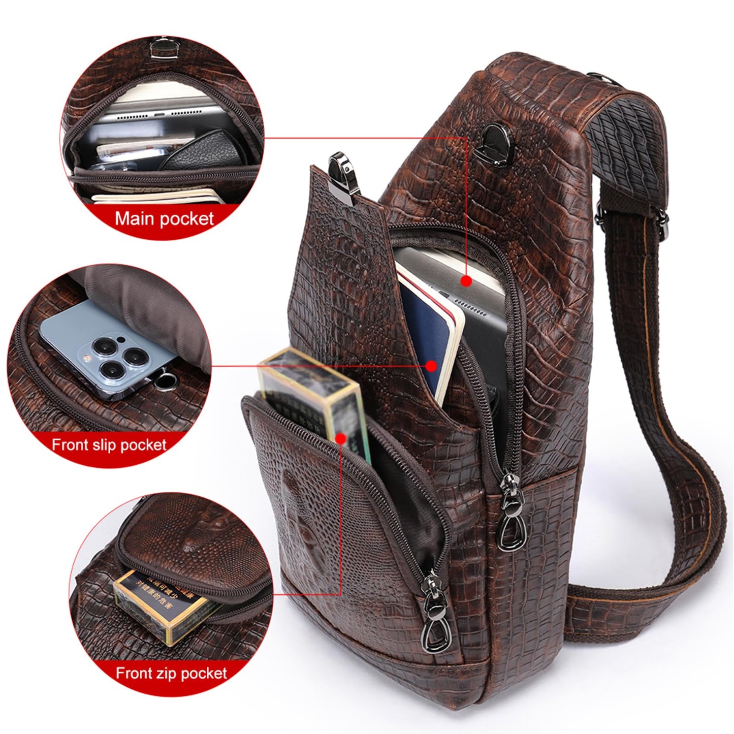 NIUCUNZH Crocodile Pattern Leather Sling Bag with Leather Strap, Zipper Crossbody Shoulder Bags Purse for Travel Hiking Brown