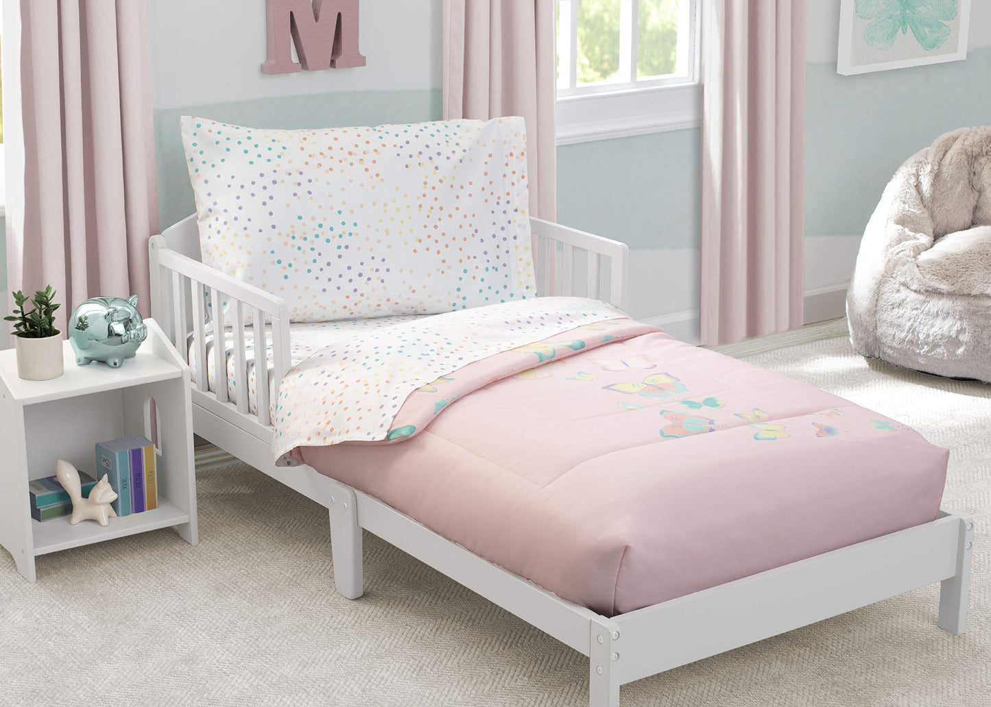 Delta Children 4 Piece Toddler Bedding Set for Girls - Reversible 2-in-1 Comforter - Includes Fitted Comforter to Keep Little Ones Snug, Bottom Sheet, Top Sheet, Pillow Case - Pink Butterfly Flutter