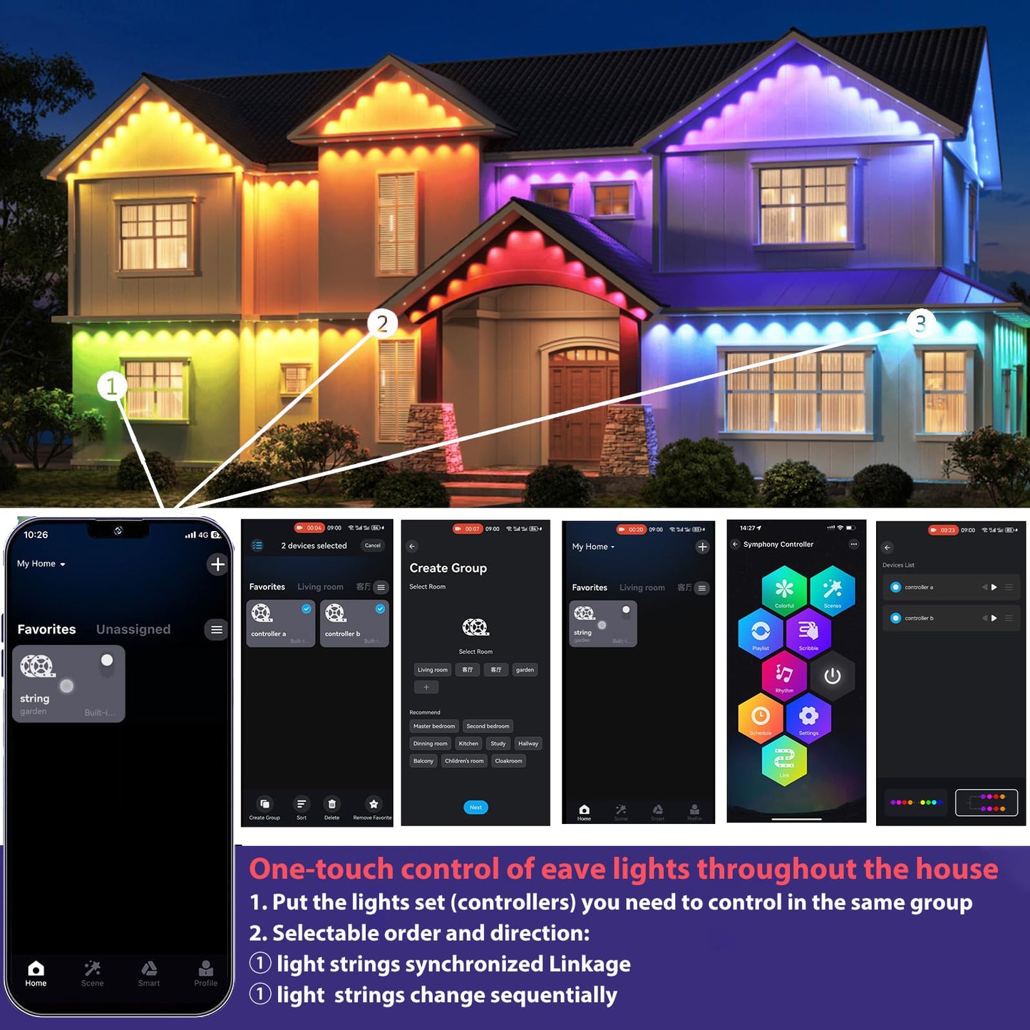 Sumaote Permanent Outdoor Lights 150ft, Smart RGB+IC Smart Christmas House Lights 108 LED Waterproof Music Sync Eave Lights for Christmas, Holiday Decor, Compatible with Alexa Google Assistant