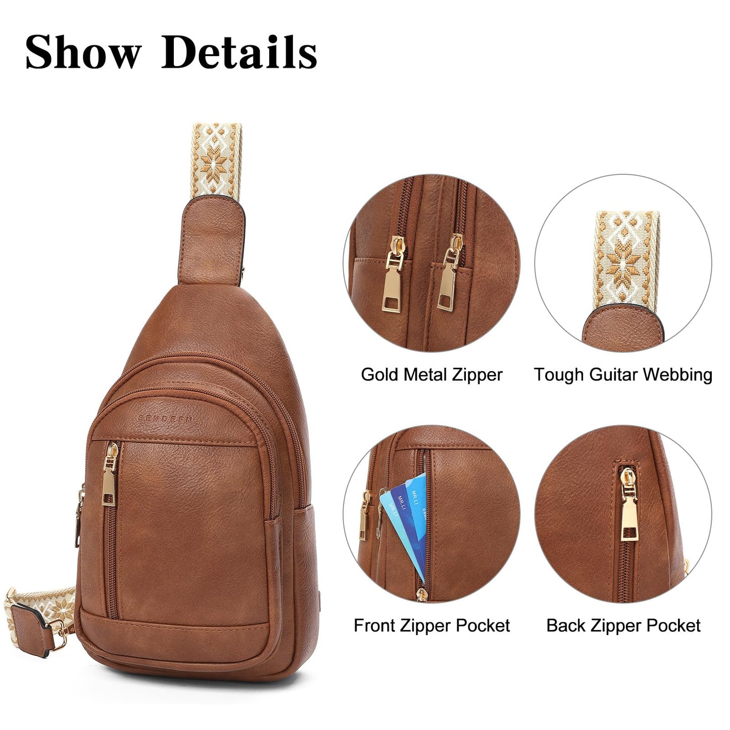 SENDEFN Small Sling Bag for Women Leather Crossbody Bags Purse for Travel Fanny Pack Chest Bag with Adjustable Guitar Strap