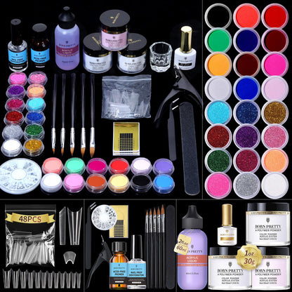 BORN PRETTY Acrylic Nail Kit - Acrylic Powder (Clear, White, Pink) & Liquid Set with Nail Forms, Brush Pen, File & Glass Container - Beginner Friendly
