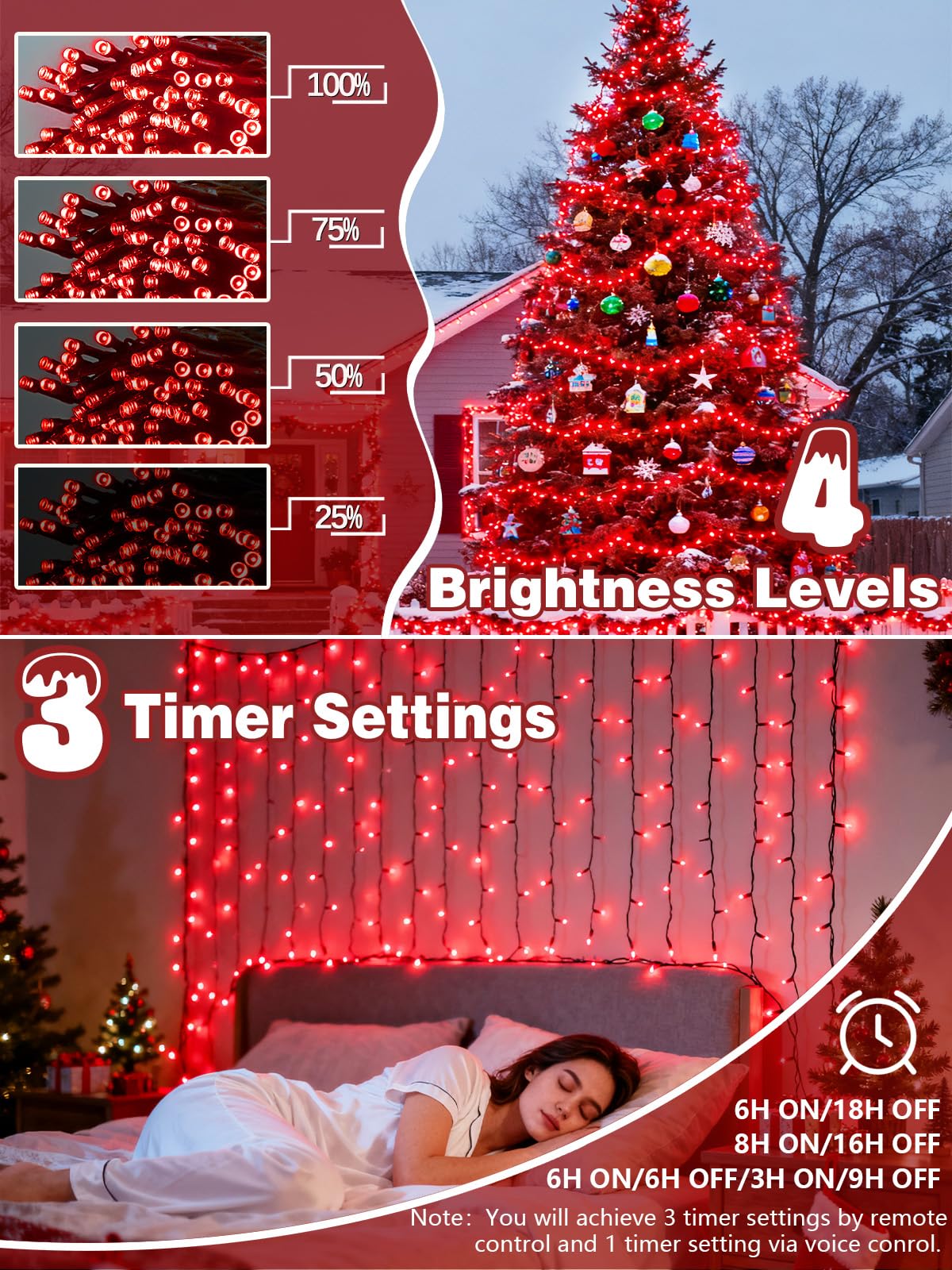 Voice Controlled Christmas Lights with Remote, 99 FT 300 LED String Lights Indoor Outdoor with 12 Modes 3 Timers, Dimmable Twinkle Light Plug in Waterproof for Xmas Tree Yard Party Decorations, Red