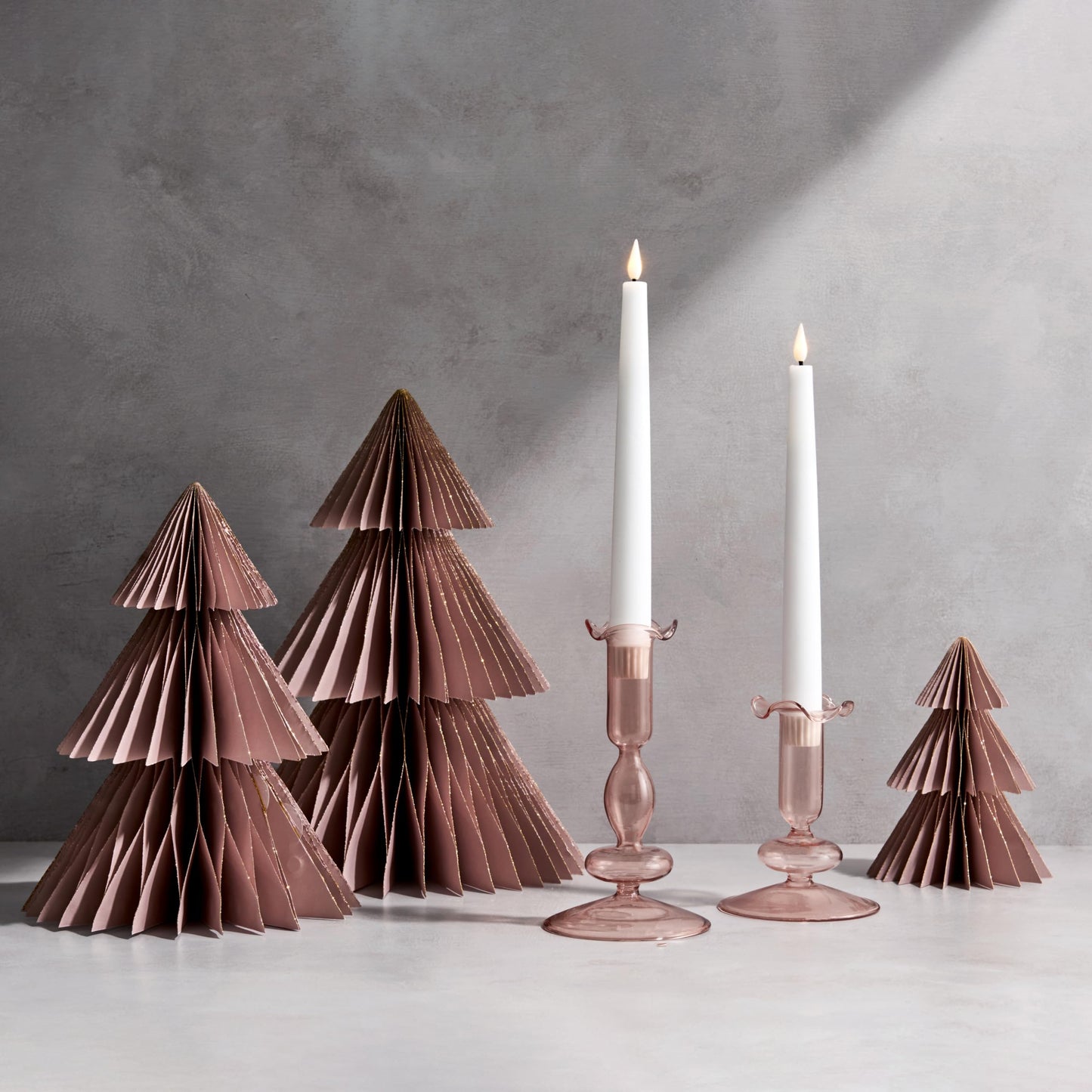 LampLust Paper Christmas Tree Decor, 2 Pack Dusty Rose Honeycomb Paper Trees, 10" & 12", Pink Decor, Winter Wonderland Decorations, Winter Decoration for Home, Winter Mantel Decor