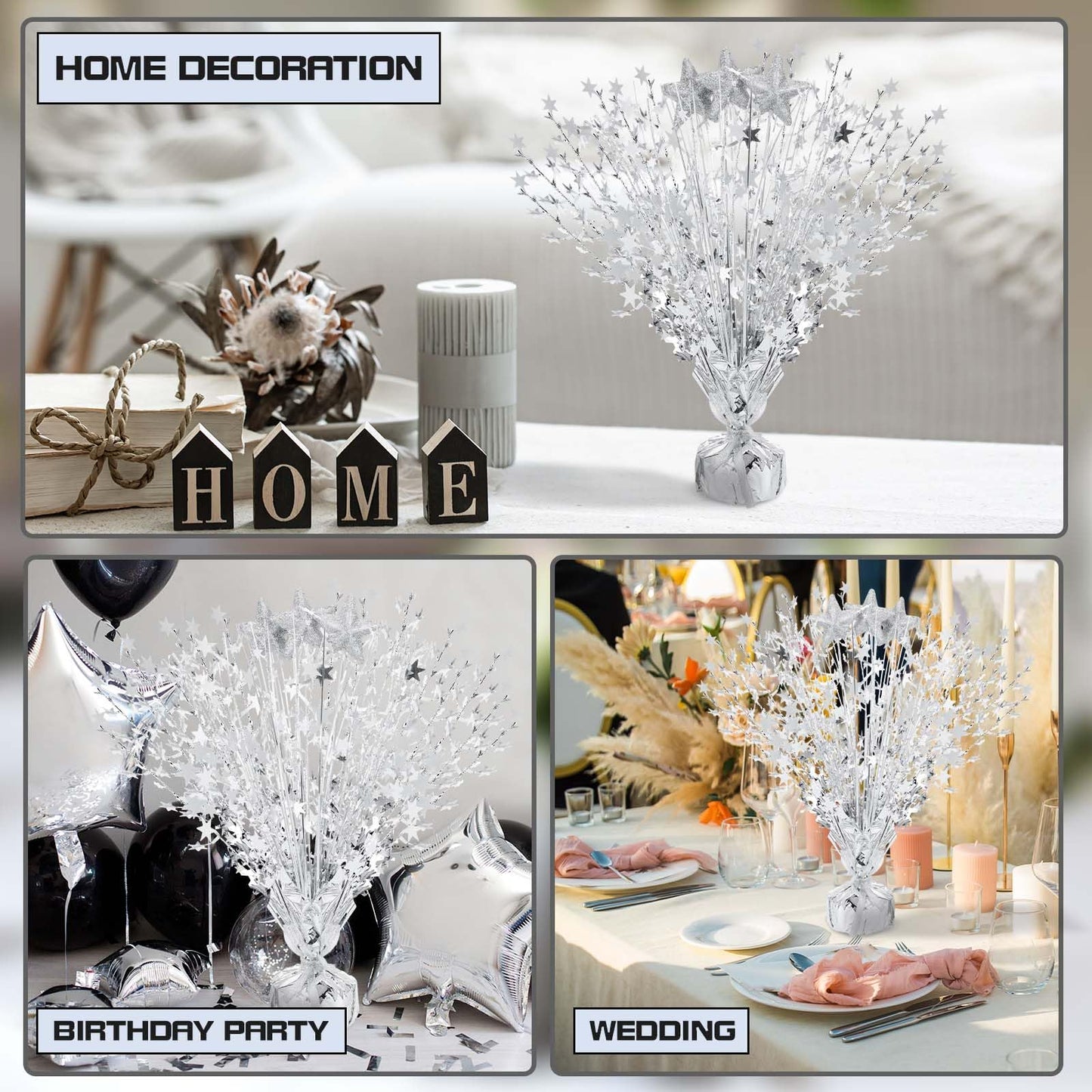 Wenqik 6 Pcs Metallic Foil Spray Centerpiece Star Table Party Decoration Burst Centerpieces Table Decor for Party Birthday Wedding Anniversary Memorial Dining Graduation Holiday Supplies(Silver)