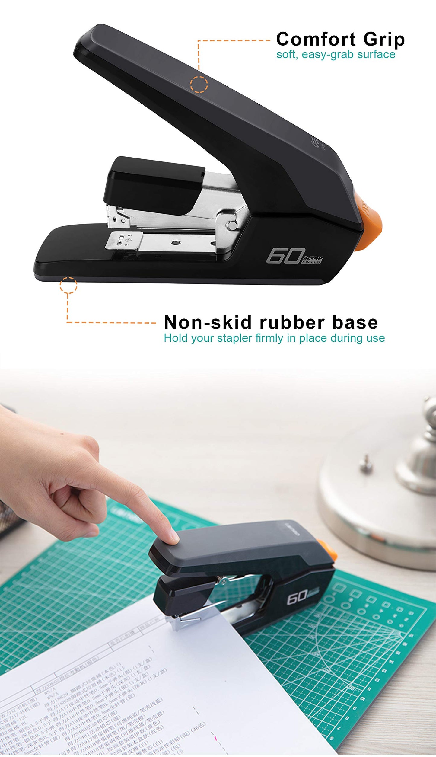 Deli Effortless Heavy Duty Stapler, One Touch Stapling, Easy to Load Ergonomic Stapler, 60 Sheet Capacity, Includes 2000 Staples and Staple Remover for Desktop