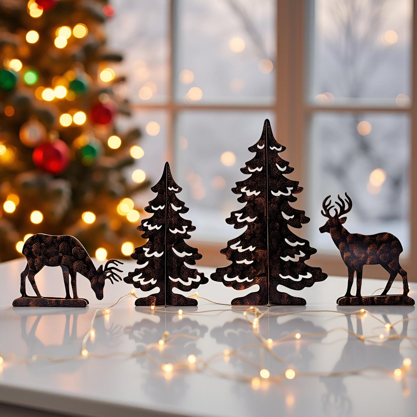 YULETIME 4-Piece Metal Christmas Reindeer and Tree Scene Silhouette Set, Winter Forest Deer & Spruce Landscape Holiday Tabletop Ornament