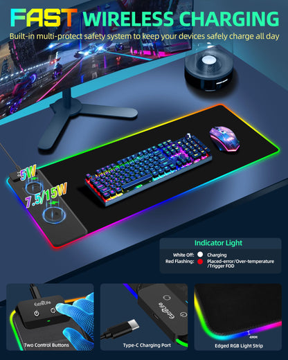 Wireless Charging Mouse Pad, RGB Gaming Mousepad, 31.5"x15.7" Extra Large Desk Pad, 13 Light Modes, Ultra-Smooth Surface, Non-Slip Base, Waterproof Computer Keyboard Mat for MacBook, PC, Laptop, Black